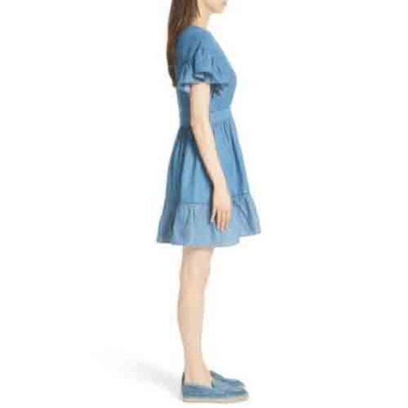 Kate Spade Women's Blue Ruffle Short Sleeve Chambray Mini Dress Size 4 - Picture 2 of 8